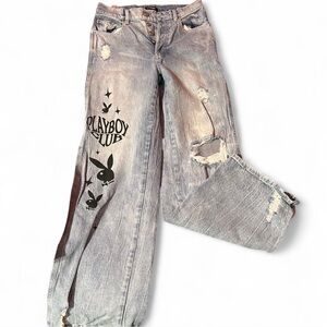 PLAYBOY Gray Distressed Wide Leg Jeans